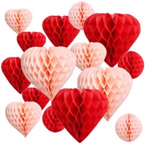 uniqooo 16 pack red blush pink party decoration pom pom | heart & ball tissue paper honeycomb | perfect for party decor, wedding, valentine’s day, engagement, bridal shower, baby shower, birthday
