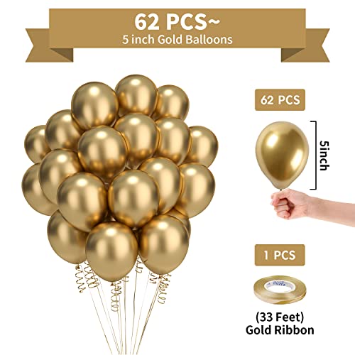 Gold Metallic Chrome Latex Balloons - 62Pack 5 inch Round Helium Balloons for Birthday Wedding Graduation Baby Shower Party Decorations