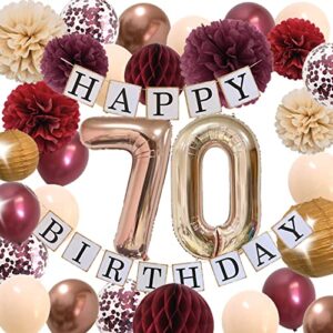 70th birthday decorations women – happy 70 birthday party supplies for womens with champagne burgundy flowers balloons tissues decor (burgundy + champagne)