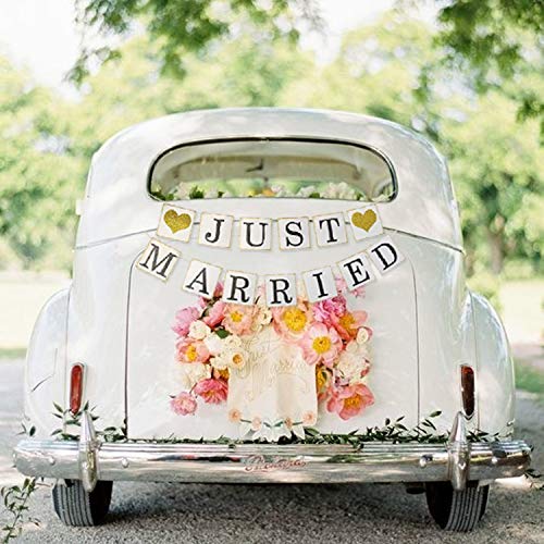 JUST MARRIED Banner Car Decorations, Gold Glitter Just Married Sign Garland for Bridal Shower Decorations, Photo Props and Car Decorations