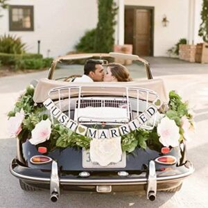 JUST MARRIED Banner Car Decorations, Gold Glitter Just Married Sign Garland for Bridal Shower Decorations, Photo Props and Car Decorations