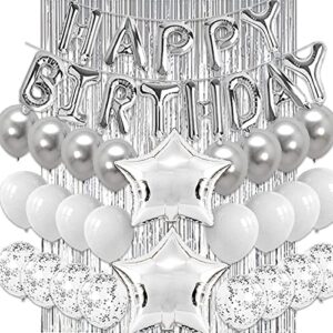 silver birthday decorations,silver metallic confetti latex balloons,silver happy birthday balloons banner with 2pcs large silver star foil balloons,silver fringe curtains photo booth props