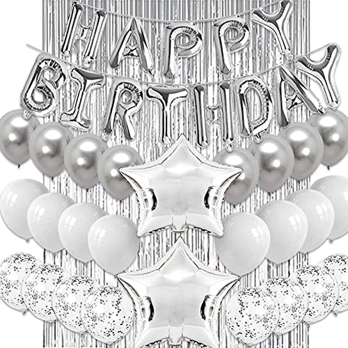 Silver Birthday Decorations,Silver Metallic Confetti Latex Balloons,Silver Happy Birthday Balloons Banner with 2Pcs Large Silver Star Foil Balloons,Silver Fringe Curtains Photo Booth Props