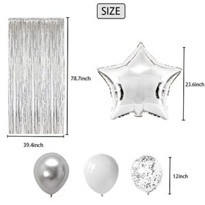 Silver Birthday Decorations,Silver Metallic Confetti Latex Balloons,Silver Happy Birthday Balloons Banner with 2Pcs Large Silver Star Foil Balloons,Silver Fringe Curtains Photo Booth Props