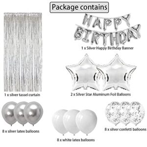 Silver Birthday Decorations,Silver Metallic Confetti Latex Balloons,Silver Happy Birthday Balloons Banner with 2Pcs Large Silver Star Foil Balloons,Silver Fringe Curtains Photo Booth Props