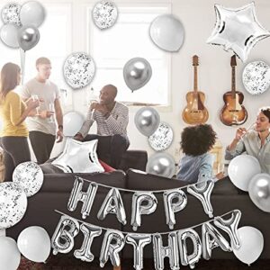 Silver Birthday Decorations,Silver Metallic Confetti Latex Balloons,Silver Happy Birthday Balloons Banner with 2Pcs Large Silver Star Foil Balloons,Silver Fringe Curtains Photo Booth Props