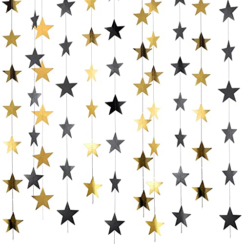 130 Feet Glitter Star Paper Garland Banner Hanging Decoration for Wedding Graduation Birthday Baby Shower Festival Party (Gold and Black)