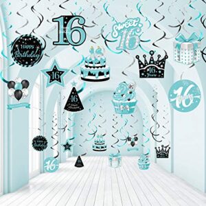 30 pieces birthday hanging swirl decorations, teal silver black blue turquoise happy birthday foil swirls ceiling decor for girls sweet birthday decorations supplies (16th style)