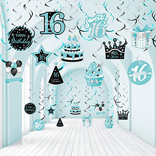 30 Pieces Birthday Hanging Swirl Decorations, Teal Silver Black Blue Turquoise Happy Birthday Foil Swirls Ceiling Decor for Girls Sweet Birthday Decorations Supplies (16th Style)