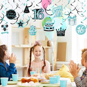 30 Pieces Birthday Hanging Swirl Decorations, Teal Silver Black Blue Turquoise Happy Birthday Foil Swirls Ceiling Decor for Girls Sweet Birthday Decorations Supplies (16th Style)