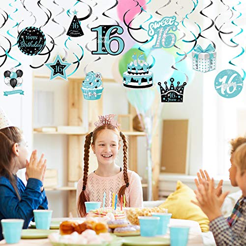 30 Pieces Birthday Hanging Swirl Decorations, Teal Silver Black Blue Turquoise Happy Birthday Foil Swirls Ceiling Decor for Girls Sweet Birthday Decorations Supplies (16th Style)