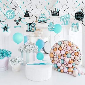 30 Pieces Birthday Hanging Swirl Decorations, Teal Silver Black Blue Turquoise Happy Birthday Foil Swirls Ceiling Decor for Girls Sweet Birthday Decorations Supplies (16th Style)