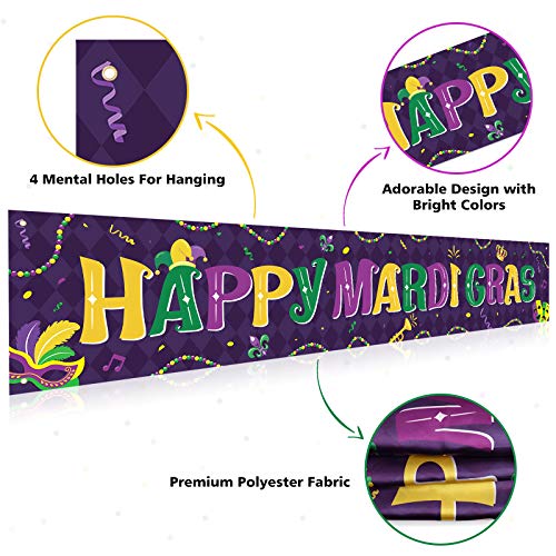 Happy Mardi Gras Banner 78.7"x 13.8" New Orleans Theme Purple Yellow Green Gold Sign Fleur de Lis Mask Home Decor Fat Tuesday Photo Props Backdrop Carnival Parade Outdoor Decoration Party Supplies