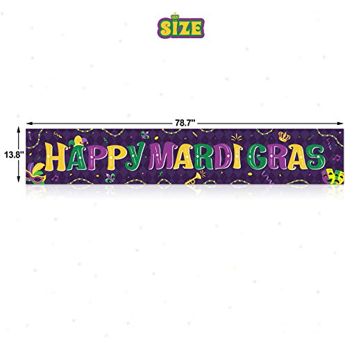 Happy Mardi Gras Banner 78.7"x 13.8" New Orleans Theme Purple Yellow Green Gold Sign Fleur de Lis Mask Home Decor Fat Tuesday Photo Props Backdrop Carnival Parade Outdoor Decoration Party Supplies