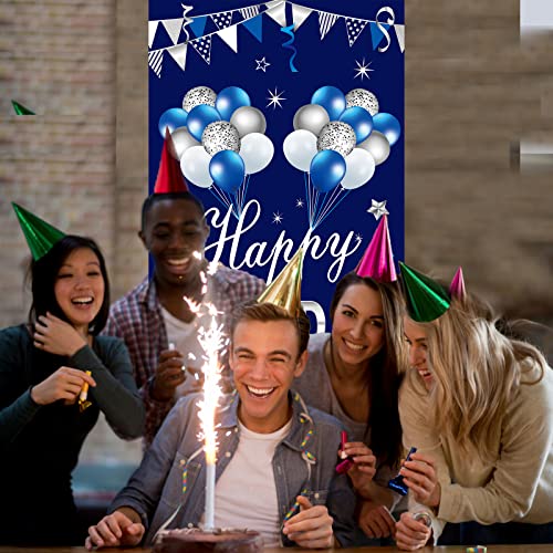 Blue Silver Happy Birthday Door Banner Decorations for Men Boys, Happy Birthday Door Cover Sign Party Supplies, 16th 21st 30th 40th 50th 60th Birthday Background Photo Booth Decor