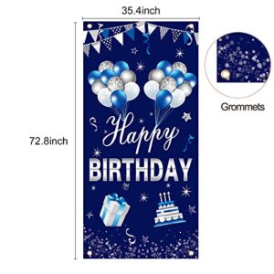 Blue Silver Happy Birthday Door Banner Decorations for Men Boys, Happy Birthday Door Cover Sign Party Supplies, 16th 21st 30th 40th 50th 60th Birthday Background Photo Booth Decor