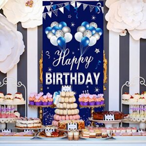 Blue Silver Happy Birthday Door Banner Decorations for Men Boys, Happy Birthday Door Cover Sign Party Supplies, 16th 21st 30th 40th 50th 60th Birthday Background Photo Booth Decor