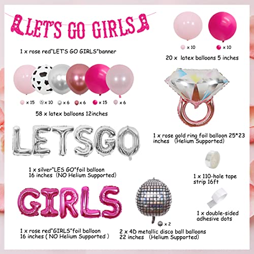 Western Cowgirl Let's Go Girls Bachelorette Party Decoration Hot Pink Nashville Bridal Shower Bachelorette Balloon Garland with Lets Go Girls Banner Ring Disco Balloon for Western Bridal Shower