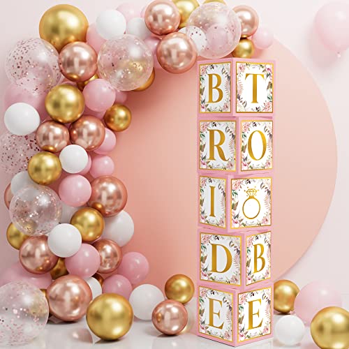 Floral Bridal Shower Decorations - 69 PCS Bachelorette Party Supplies Includes 5 PCS Bride Balloon Block Box with Bridal to Be Letters & Pink Rose Gold Balloon Garland Kit for Engagement Wedding Decor