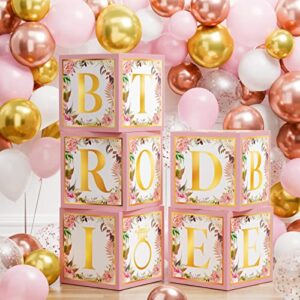 Floral Bridal Shower Decorations - 69 PCS Bachelorette Party Supplies Includes 5 PCS Bride Balloon Block Box with Bridal to Be Letters & Pink Rose Gold Balloon Garland Kit for Engagement Wedding Decor