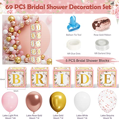 Floral Bridal Shower Decorations - 69 PCS Bachelorette Party Supplies Includes 5 PCS Bride Balloon Block Box with Bridal to Be Letters & Pink Rose Gold Balloon Garland Kit for Engagement Wedding Decor