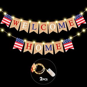welcome home banner decoration with led fairy string light 2 flicker mode, patriotic banner bunting welcome home sign for housewarming military decoration family party 4th of july supplies