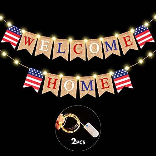 Welcome Home Banner Decoration with LED Fairy String Light 2 Flicker Mode, Patriotic Banner Bunting Welcome Home Sign for Housewarming Military Decoration Family Party 4th of July Supplies