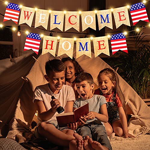 Welcome Home Banner Decoration with LED Fairy String Light 2 Flicker Mode, Patriotic Banner Bunting Welcome Home Sign for Housewarming Military Decoration Family Party 4th of July Supplies