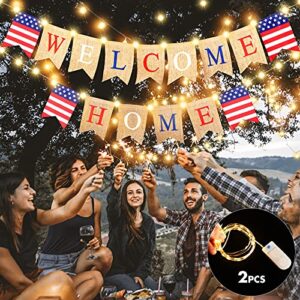 Welcome Home Banner Decoration with LED Fairy String Light 2 Flicker Mode, Patriotic Banner Bunting Welcome Home Sign for Housewarming Military Decoration Family Party 4th of July Supplies