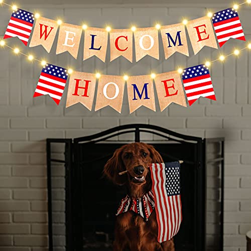 Welcome Home Banner Decoration with LED Fairy String Light 2 Flicker Mode, Patriotic Banner Bunting Welcome Home Sign for Housewarming Military Decoration Family Party 4th of July Supplies