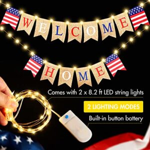 Welcome Home Banner Decoration with LED Fairy String Light 2 Flicker Mode, Patriotic Banner Bunting Welcome Home Sign for Housewarming Military Decoration Family Party 4th of July Supplies