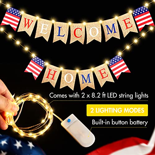 Welcome Home Banner Decoration with LED Fairy String Light 2 Flicker Mode, Patriotic Banner Bunting Welcome Home Sign for Housewarming Military Decoration Family Party 4th of July Supplies