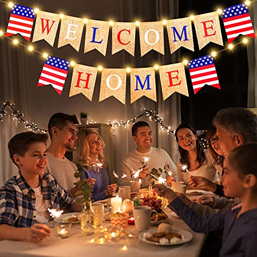 Welcome Home Banner Decoration with LED Fairy String Light 2 Flicker Mode, Patriotic Banner Bunting Welcome Home Sign for Housewarming Military Decoration Family Party 4th of July Supplies