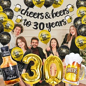 30th Birthday Decorations for Men Women, 30 Years Anniversary Decorations-Cheers & Beers to 30 Years Banner Thirty Sign Latex Balloon 32 inch "30" Gold Balloon 35 inch Cheers Beers Cups Foil Balloon for 30th Wedding Party Supplie