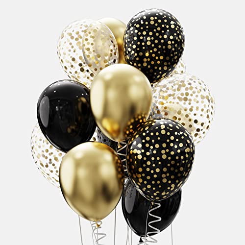 60pcs 12inch Helium Balloon Bouquet Metallic Gold Pearl Black Clear with Dot Balloon Perfect for Baby Shower Bridal Shower Birthday Anniversary Party Decorations(Black)