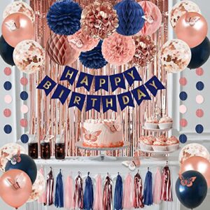 Rose Gold and Navy Blue Birthday Party Decorations for Women with Happy Birthday Banner,Curtains, Butterfly Wall,Circle Dots Garland,Tissue Pompoms,Paper Tassels Garland Birthday for Her