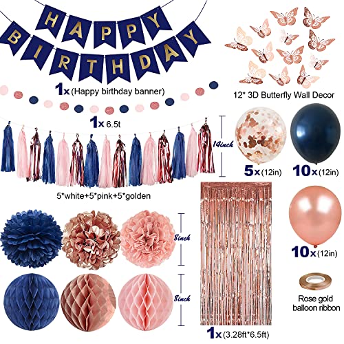 Rose Gold and Navy Blue Birthday Party Decorations for Women with Happy Birthday Banner,Curtains, Butterfly Wall,Circle Dots Garland,Tissue Pompoms,Paper Tassels Garland Birthday for Her