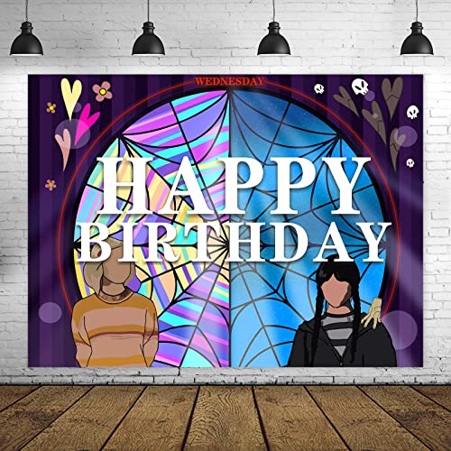 Wednesday Banner Happy Birthday Backdrop Horror Fantasy TV Drama Theme for Wednesday Party Supplies Boys Girls Fans Room Bedroom Playroom College Dorm and Apartment Decor Birthday Party Decorations