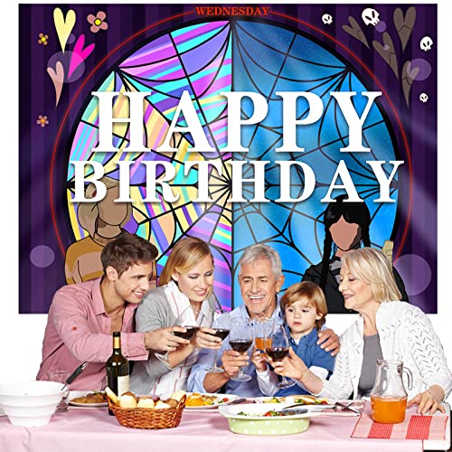 Wednesday Banner Happy Birthday Backdrop Horror Fantasy TV Drama Theme for Wednesday Party Supplies Boys Girls Fans Room Bedroom Playroom College Dorm and Apartment Decor Birthday Party Decorations