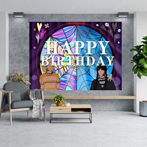 Wednesday Banner Happy Birthday Backdrop Horror Fantasy TV Drama Theme for Wednesday Party Supplies Boys Girls Fans Room Bedroom Playroom College Dorm and Apartment Decor Birthday Party Decorations