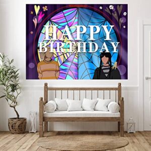 Wednesday Banner Happy Birthday Backdrop Horror Fantasy TV Drama Theme for Wednesday Party Supplies Boys Girls Fans Room Bedroom Playroom College Dorm and Apartment Decor Birthday Party Decorations