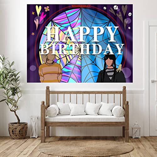 Wednesday Banner Happy Birthday Backdrop Horror Fantasy TV Drama Theme for Wednesday Party Supplies Boys Girls Fans Room Bedroom Playroom College Dorm and Apartment Decor Birthday Party Decorations