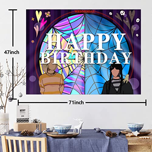 Wednesday Banner Happy Birthday Backdrop Horror Fantasy TV Drama Theme for Wednesday Party Supplies Boys Girls Fans Room Bedroom Playroom College Dorm and Apartment Decor Birthday Party Decorations