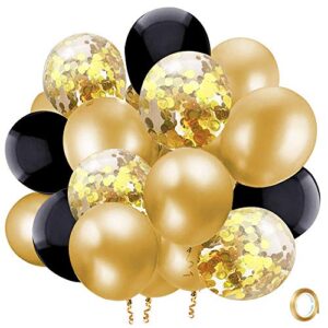 black gold confetti latex balloons, 50 pack 12 inch gold metallic party balloons with 33 feet gold ribbon for kids party graduation birthday party decorations.