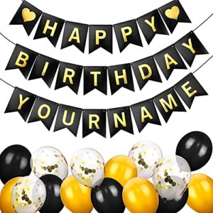 happy birthday banner, personalized name happy birthday decorations black and gold with 2 sets a-z letters multi occasion bunting sign confetti balloons for men women boys girls kids