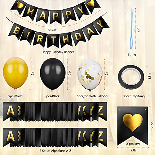 Happy Birthday Banner, Personalized Name Happy Birthday Decorations Black and Gold with 2 Sets A-Z Letters Multi Occasion Bunting Sign Confetti Balloons for Men Women Boys Girls Kids