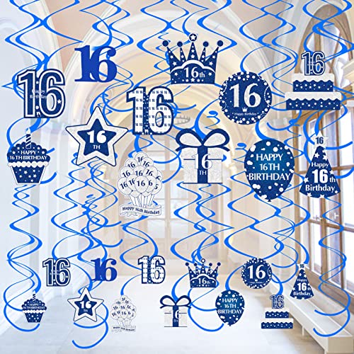 36pcs 16th Birthday Decorations Hanging Swirls Party Supplies for Boys, Silver Blue 16 Year Old Birthday Hanging Decor, Happy Sixteen Birthday Foil Ceiling Swirl Sign Décor