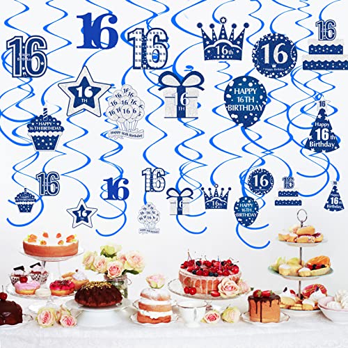 36pcs 16th Birthday Decorations Hanging Swirls Party Supplies for Boys, Silver Blue 16 Year Old Birthday Hanging Decor, Happy Sixteen Birthday Foil Ceiling Swirl Sign Décor