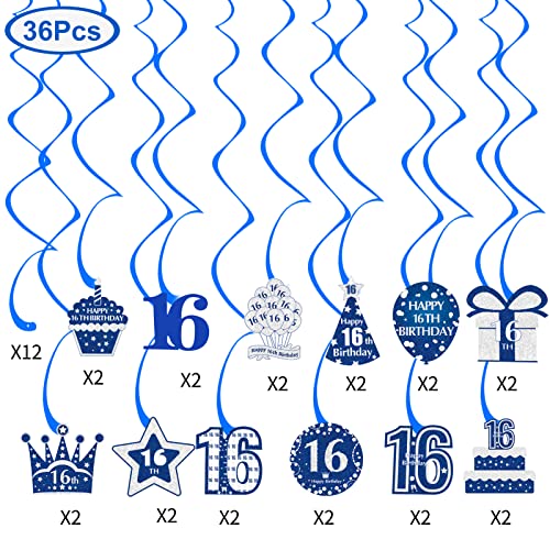 36pcs 16th Birthday Decorations Hanging Swirls Party Supplies for Boys, Silver Blue 16 Year Old Birthday Hanging Decor, Happy Sixteen Birthday Foil Ceiling Swirl Sign Décor