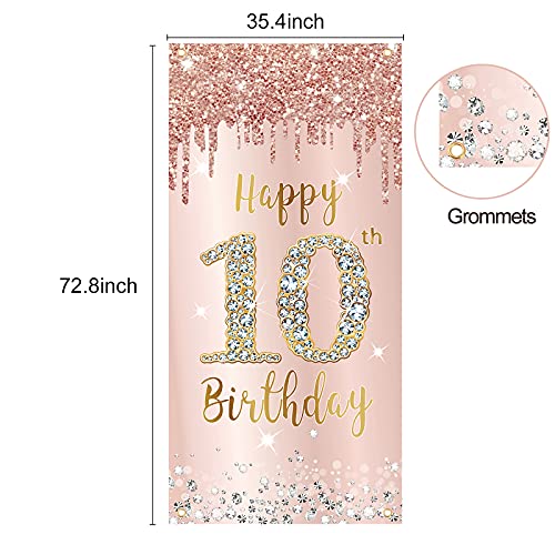 Happy 10th Birthday Door Banner Backdrop Decorations, Pink Rose Gold 10 Year Old Birthday Party Door Cover Sign Supplies, Large Ten Birthday Poster Background Photo Booth Props Décor